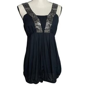Embellished Sequin Beaded Sleeveless V-Neck Bubble Blouse Navy Blue Women's US 6